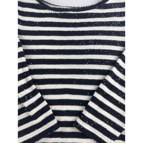 Talbots Petites Striped Sequin Boat Neck Top Black White 3/4 Sleeve MP CA23147 - Picture 2 of 8
